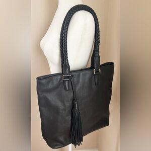 Margot Black Leather Oversized Woven Strap Tote Shoulder Bag Purse
